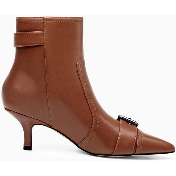 ⚡Women's Brown Kitten Heel Ankle Boots Pointed Toe Buckle Side Zipper Tassel - Picture 3 of 5